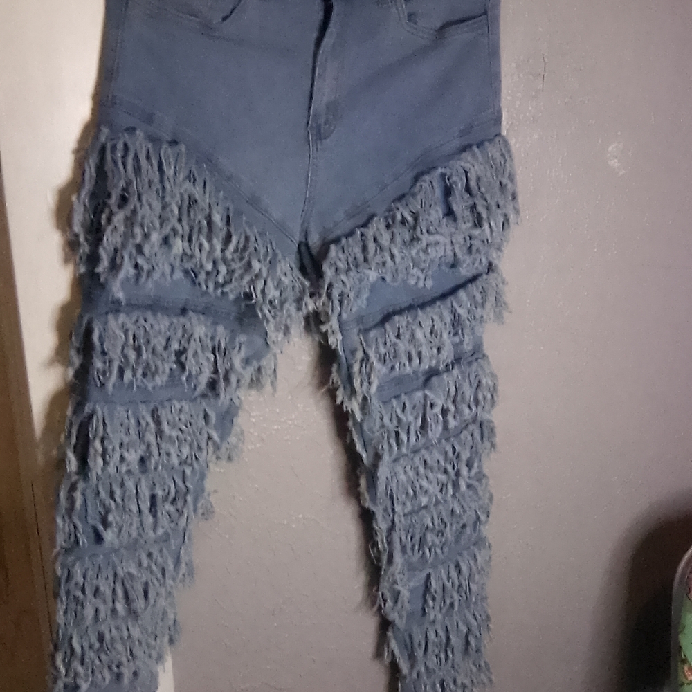 Blue Jeggings with Fringe Detail and Textured Design